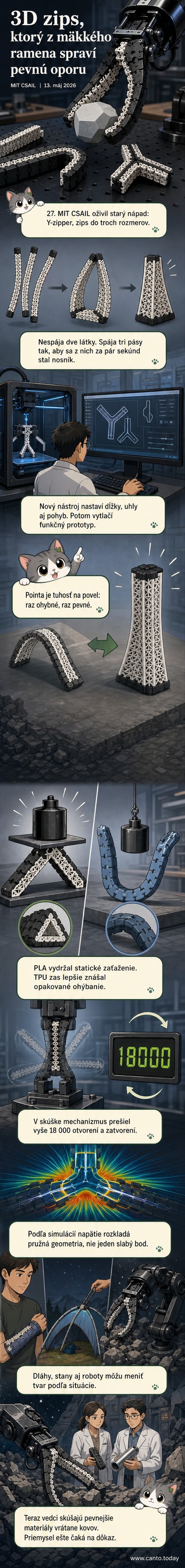 3D tlačený Y-zipper mechanizmus, ktorý transformuje tri ohybné pásy do tuhého trojuholníkového profilu – ilustrácia premeny mäkkého materiálu na pevnú konštrukciu.