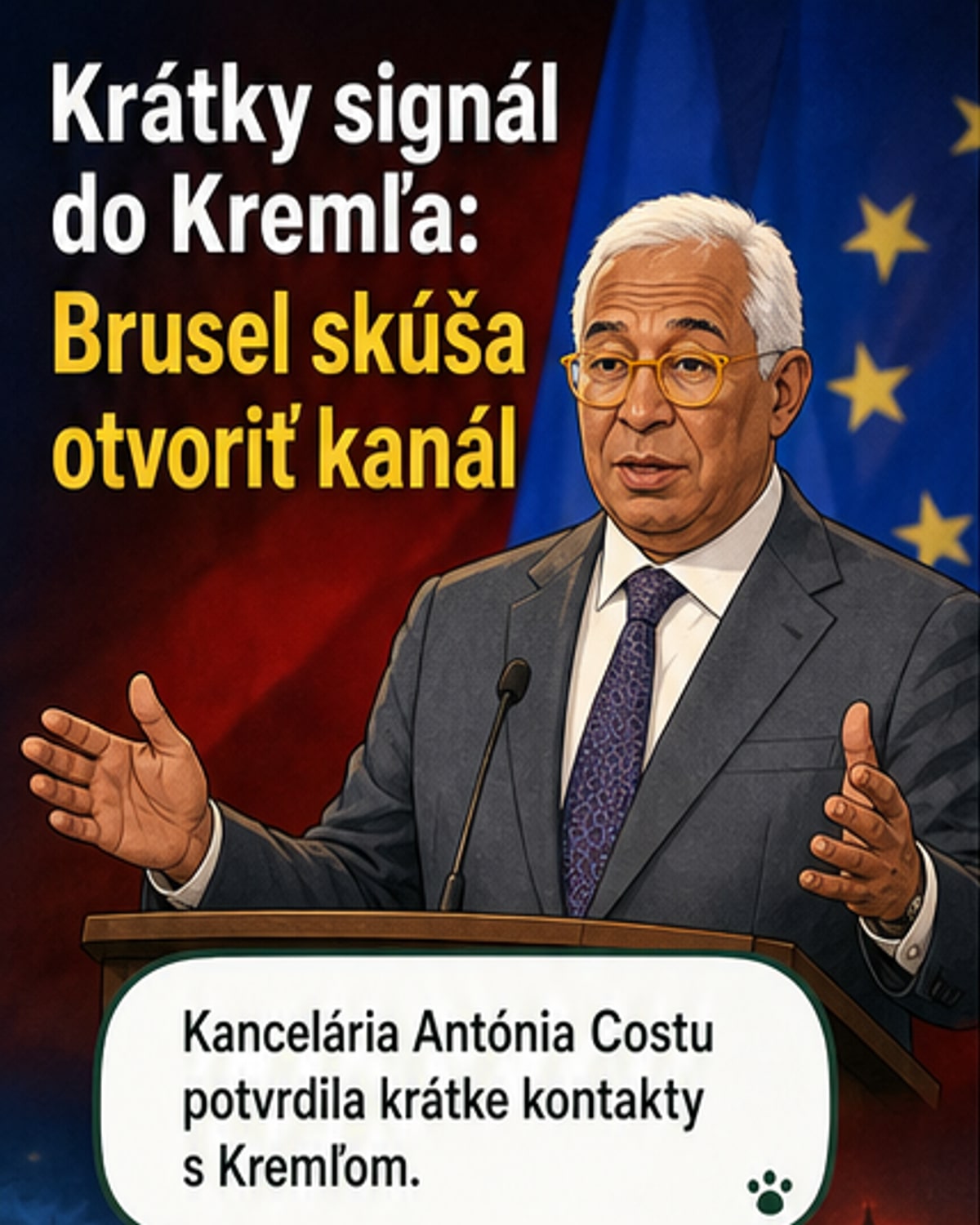 Ilustrácia zobrazuje dve budovy – jednu s logom Európskej rady, druhú s ruskou zástavou – a medzi nimi tenkú, prerušovanú čiaru komunikácie.