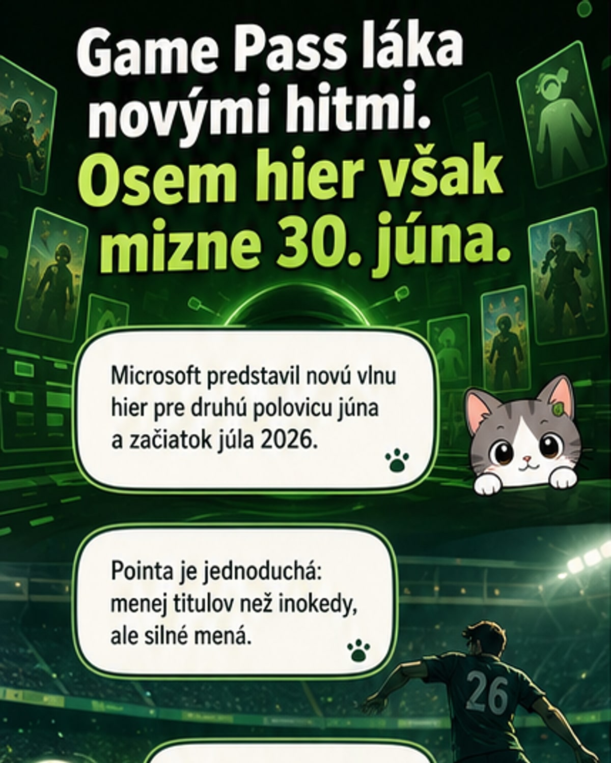 Ilustrácia zobrazuje herné logá EA Sports FC 26, Call of Duty: Vanguard a Tony Hawk’s Pro Skater 3+4, ktoré vstupujú do knižnice Xbox Game Pass, zatiaľ čo iné hry ako Rise of the Tomb Raider odchádzajú.