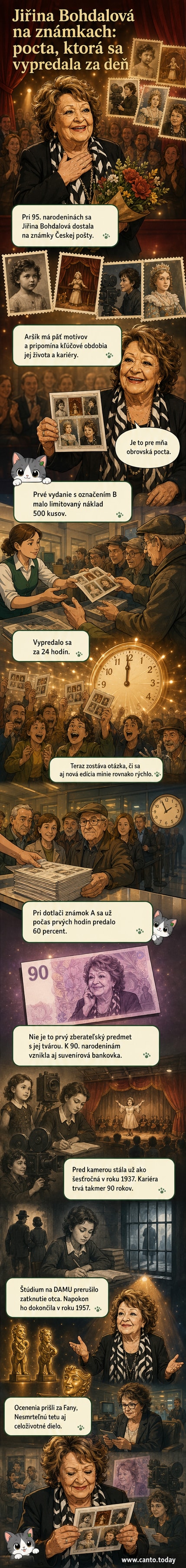 Ilustrácia známky s portrétom herečky Jiřiny Bohdalovej, na pozadí sú ikonické postavy z jej filmov.