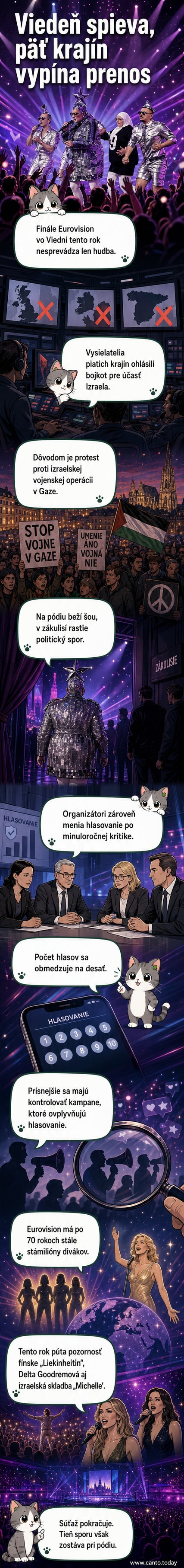 Ilustrovaná scéna finále Eurovision vo Viedni s protestnými transparentmi a odmlčanými vlajkami piatich krajín, ktoré bojkotovali účasť Izraela.