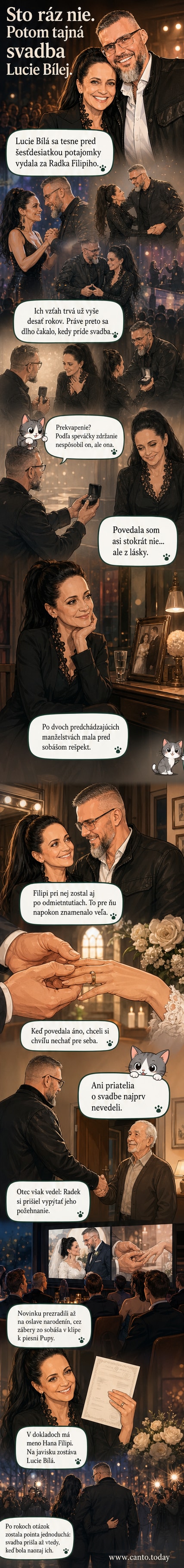 Lucie Bílá a Radek Filipi po svadbe, držia sa za ruky, na pozadí kvetinová výzdoba