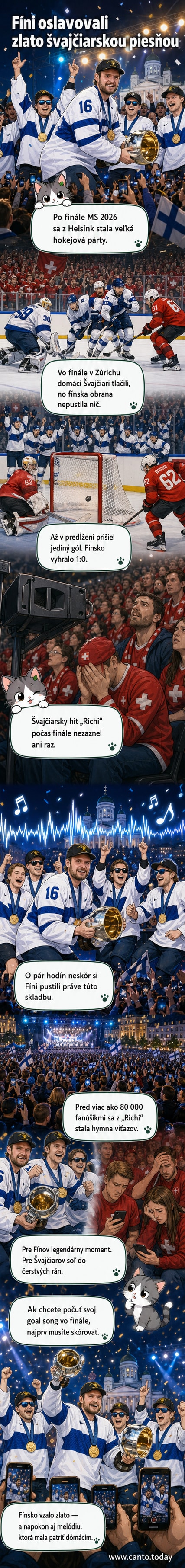 Fínski hokejisti tancujú na pódiu v Helsinkách pod vedením hudobnej skladby Richi, ktorá je oficiálnym gólovým songom Švajčiarska.