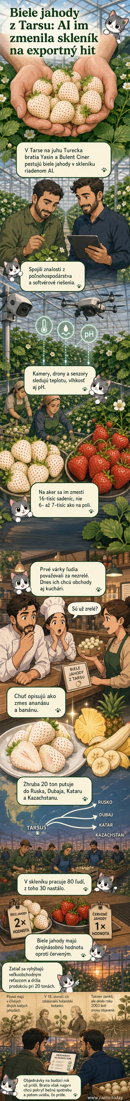 Dve biele jahody s ružovými semienkami na drevenej podložke, na pozadí skleník s technologickými senzormi