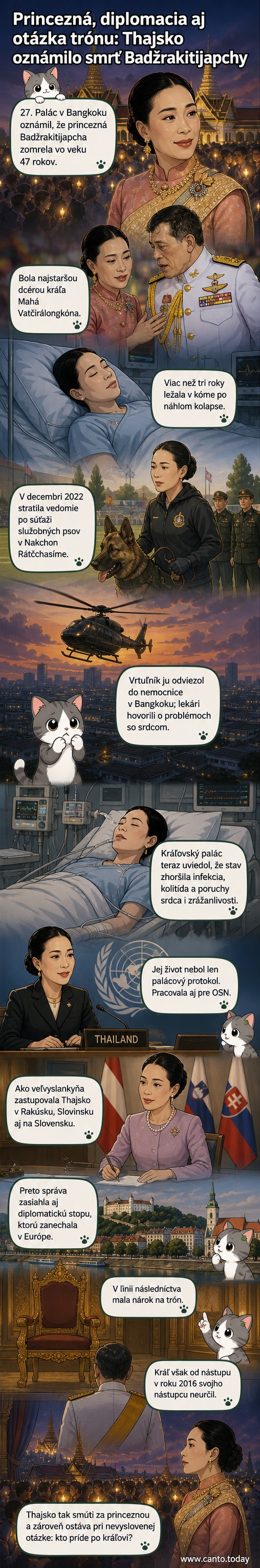 Ilustrácia thajskej princeznej Badžrakitijapchy v kráľovskej róbe s pozadím thajskej vlajky a budovy thajskej ambasády v Bratislave.