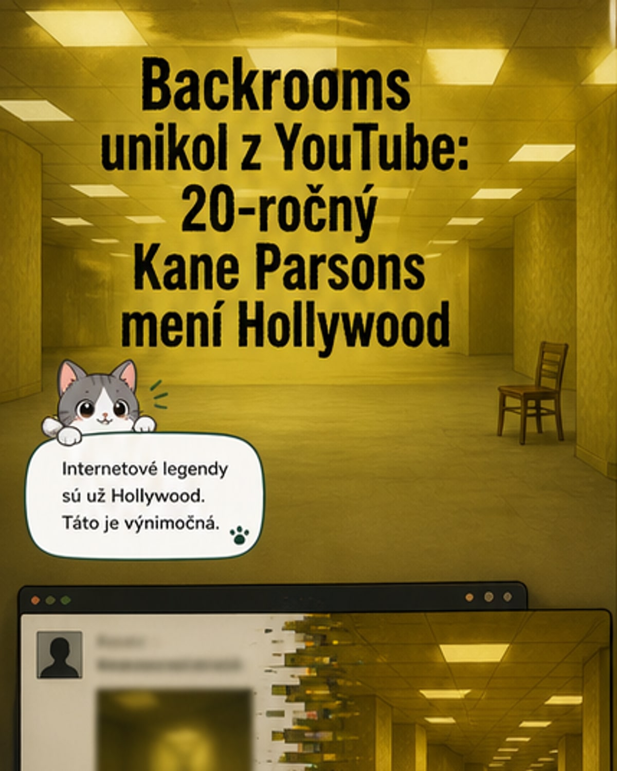 Ilustrácia chodby so žltými stenami a fluorescenčným osvetlením, ktorá pripomína priestor z hororu Backrooms.