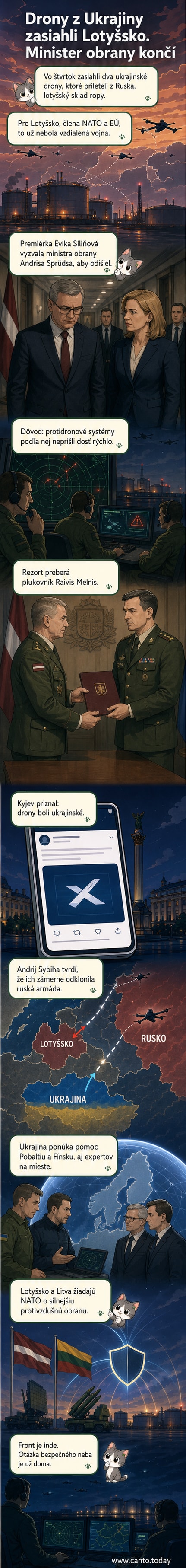 Ilustrácia zobrazuje dva drony nad lesom a ropa skladom v pozadí, s ukrajinskou a lotyšskou vlajkou v popredí.