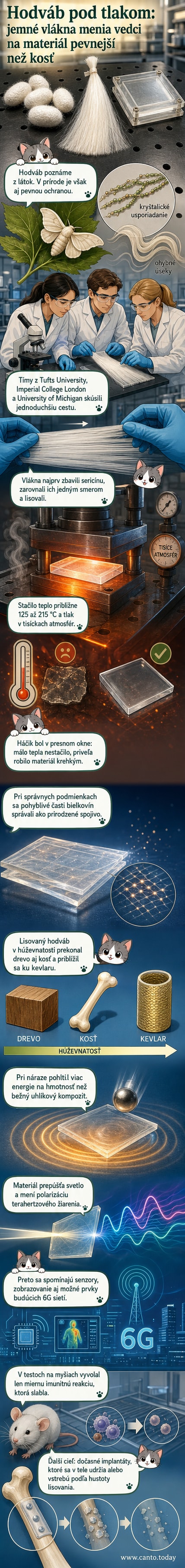Laboratórny pohľad na nový priehľadný materiál z lisovaného hodvábu vedľa bežných hodvábných vlákien a kosti – vizuálne porovnanie pevnosti a štruktúry.