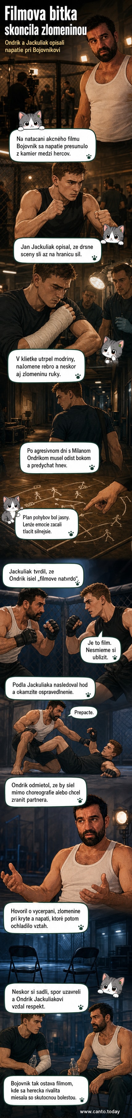 Dvaja muži v bojovom postoji na filmovom pozemku, jeden z nich drží ruku v náramníku, pozadie s kamerami a osvetlením.
