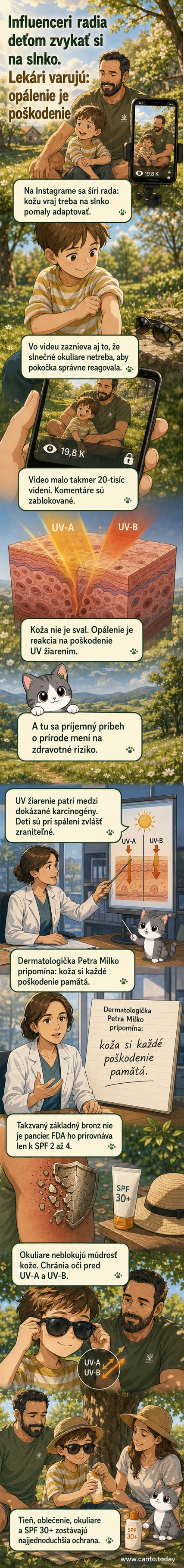 Ilustrácia zobrazuje dieťa na slnku s rodičom, ktorý mu neukazuje slnečný krém ani klobúk. Na pozadí je slnečný disk s ikonou UV žiarenia a varovným symbolom.