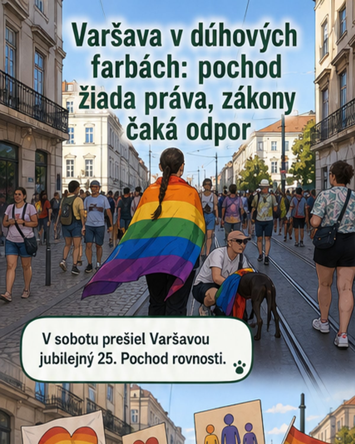 Ludia s vlajkami v rukách pochádzajú ulicami Varšavy počas Pochodu rovnosti, na pozadí vidieť mestskú architektúru a transparenty s požiadavkami na rovnosť a práva menšín.