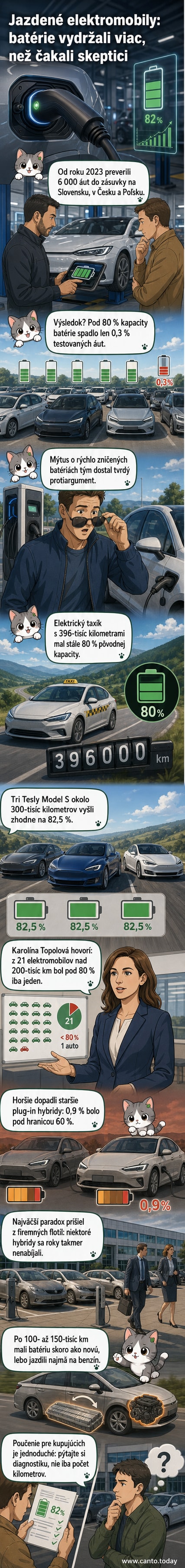 Ilustrácia elektromobilu s grafom kapacity batérie, ktorá po 400 000 km jazdy zostáva nad 80 %, a plug-in hybridu, ktorý jazdí len na benzín napriek prítomnosti batérie.