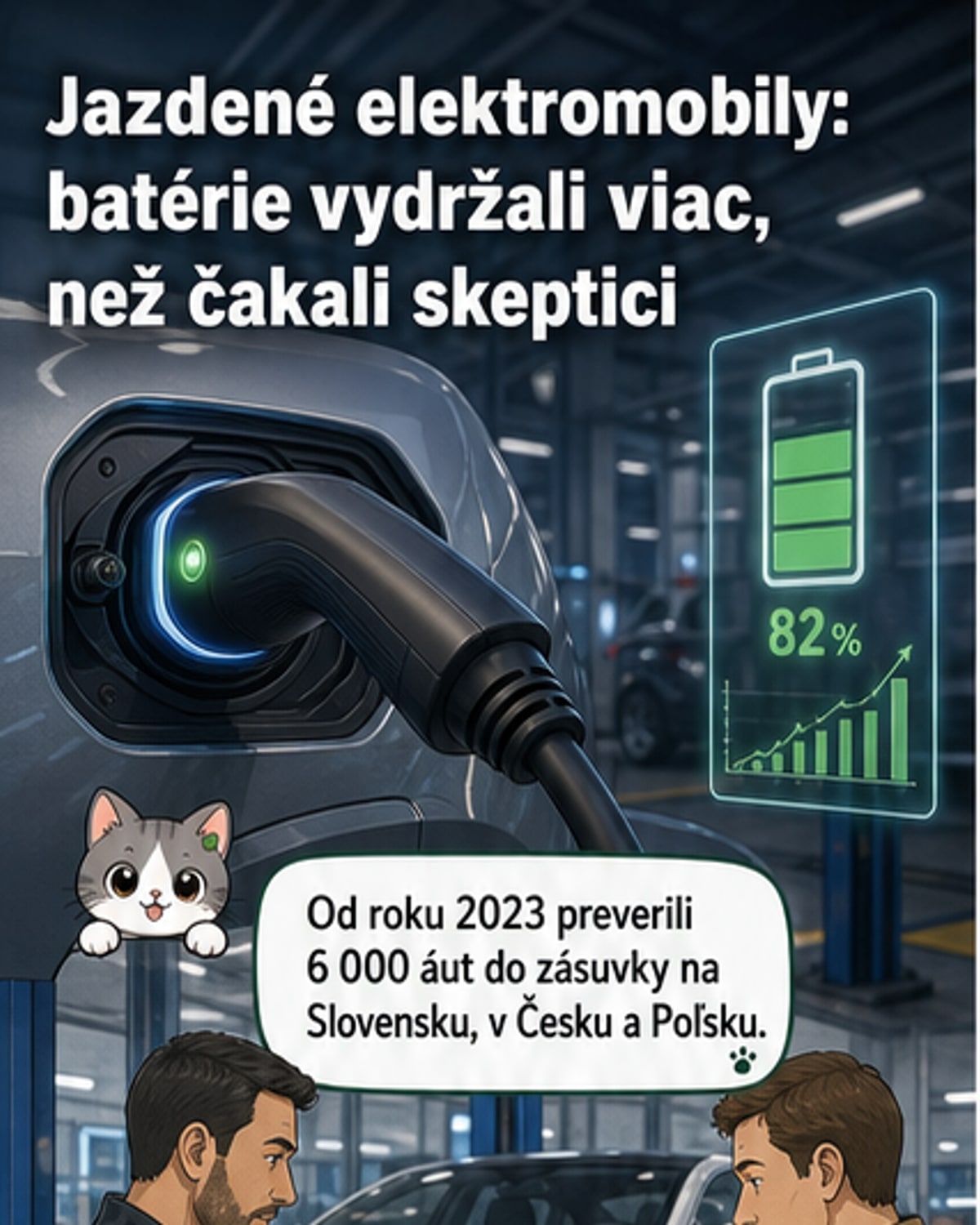 Ilustrácia elektromobilu s grafom kapacity batérie, ktorá po 400 000 km jazdy zostáva nad 80 %, a plug-in hybridu, ktorý jazdí len na benzín napriek prítomnosti batérie.