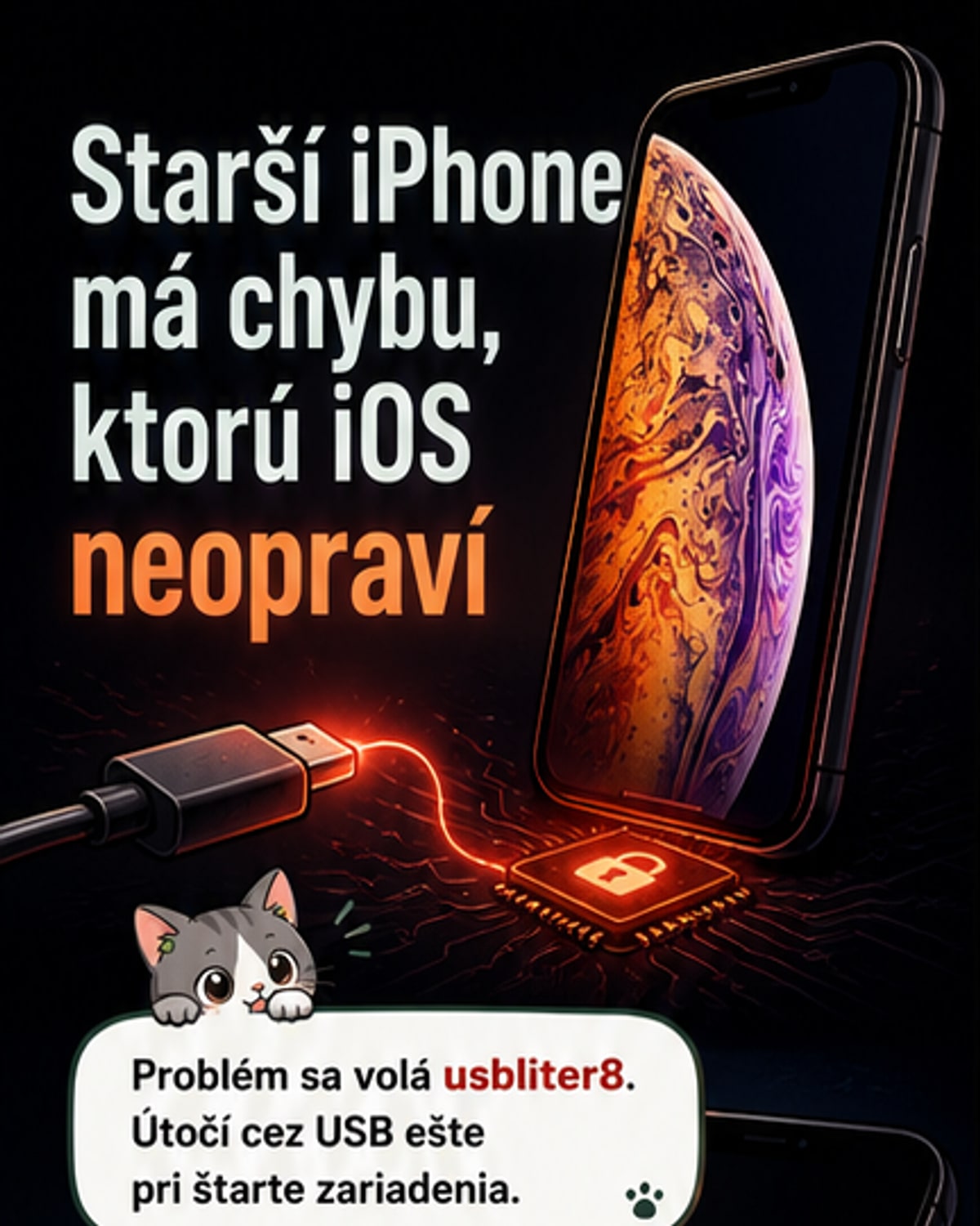 Ilustrácia staršieho iPhonu s označením chybného čipu a zobrazením USB pripojenia, cez ktoré môže dôjsť k útoku.