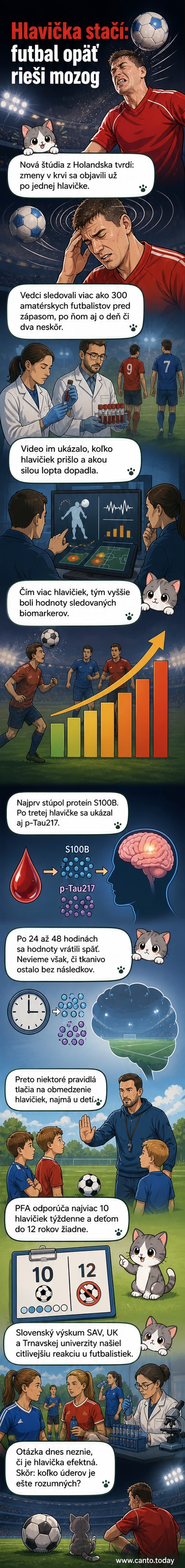 Ilustrácia futbalovej lopty dopadajúcej na hlavu hráča, na pozadí mozgové štruktúry a grafy s hladinami biomarkerov.