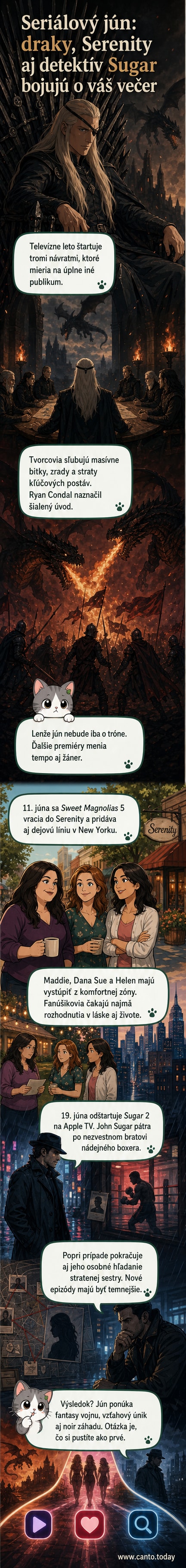 Ilustrácia zobrazuje tri televízne obrazovky s postavami z House of the Dragon, Sweet Magnolias a Sugar – letné seriálové premiéry 2026.