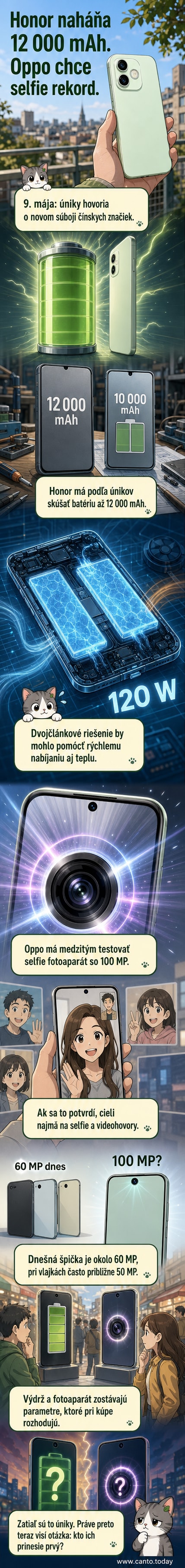 Ilustrácia dvoch smartfónov – jeden s veľkou batériou, druhý s výkonnou selfie kamerou – symbolizujúca technologický zápas medzi Honorom a Oppom.