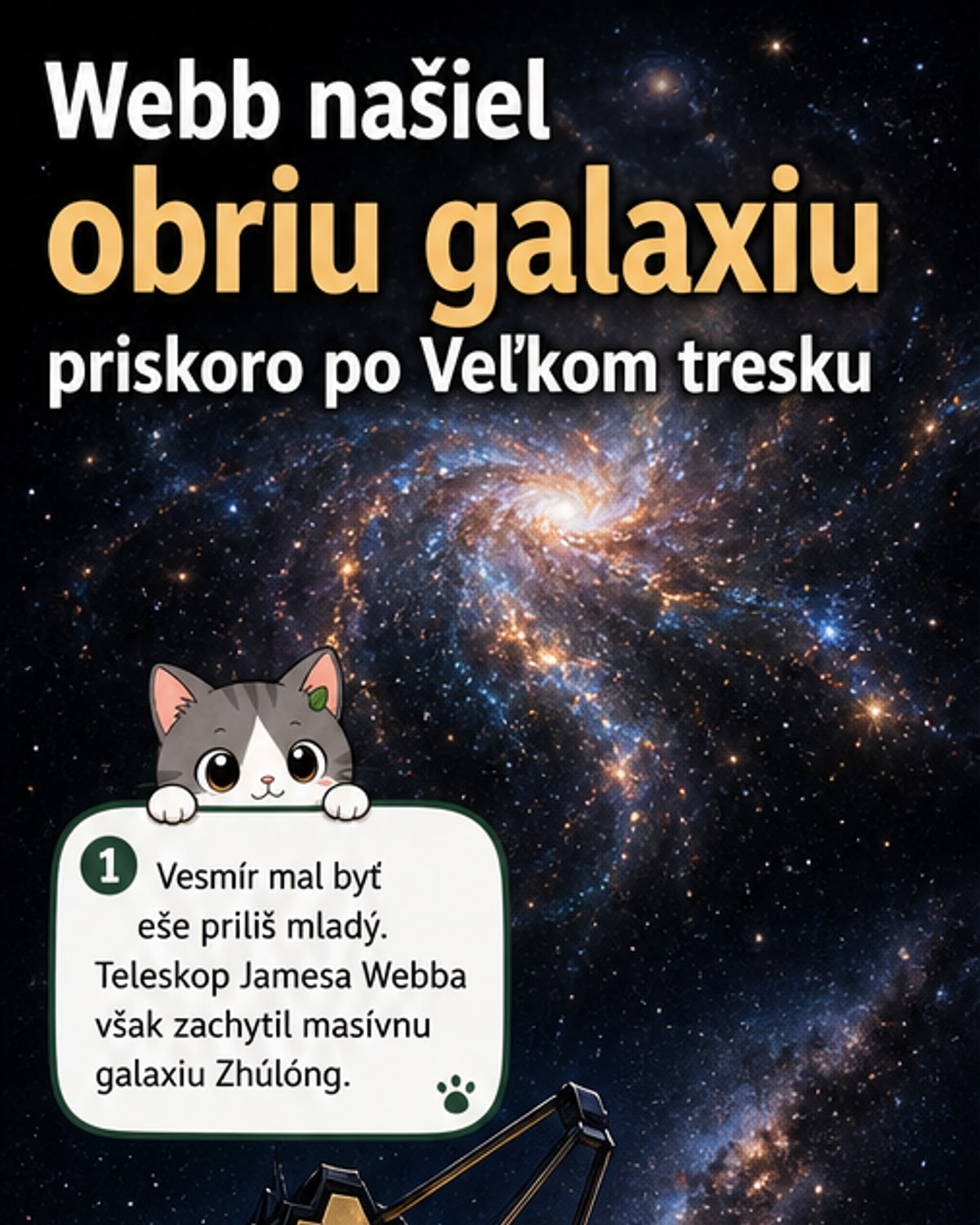 Ilustrácia galaxie Zhúlóng v ranom vesmíri, ako ju zachytil teleskop Jamesa Webba – záplava svetla v hlbokom priestore s menšími galaxiami padajúcimi do stredu.