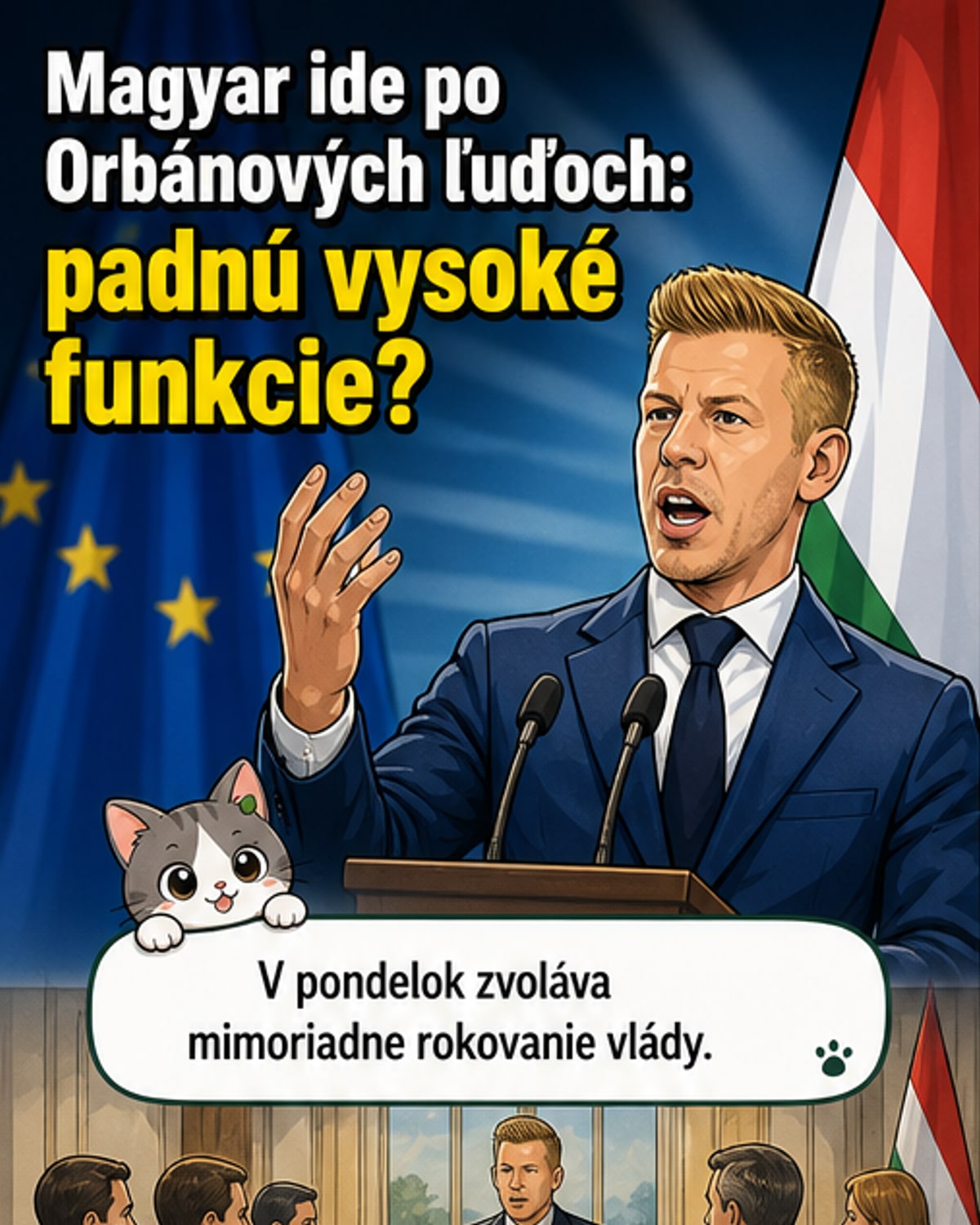 Ilustrovaná scéna maďarskej politickej scény s postavami reprezentujúcimi Magyara a bábky Orbánovej éry, v pozadí budova parlamentu a historický palác v Gödöllö.