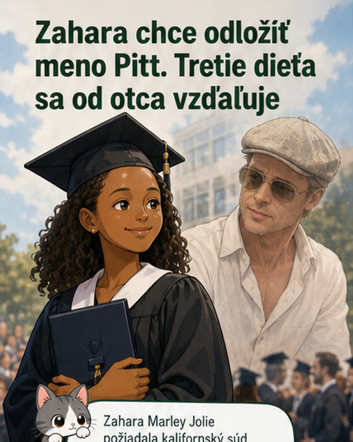 Ilustrácia Zihary Jolie-Pitt, ktorá odmietla priezvisko otca Brada Pitta, s rodinnou fotografiou v pozadí a symbolickým prelomením mena.