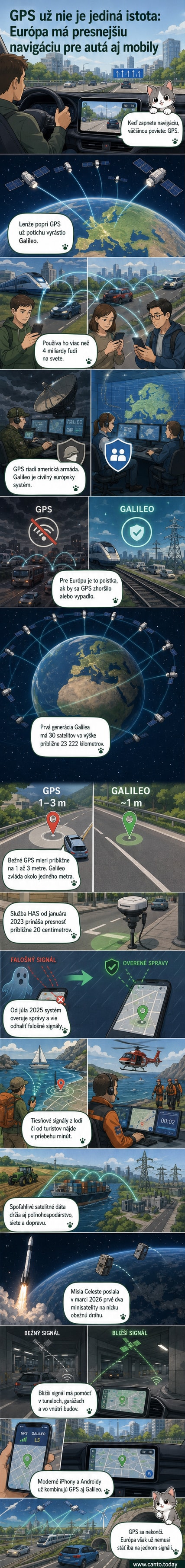 Ilustrácia satelitov Galileo a minisatelitov Celeste nad Európou, s porovnaním presnosti GPS a novej navigácie.