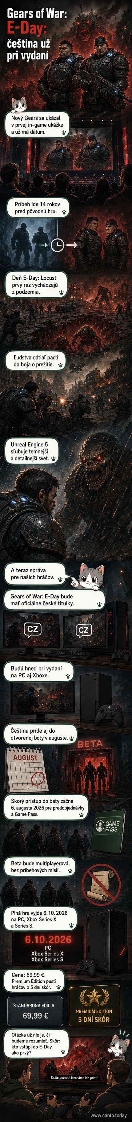 Záber z hry Gears of War: E-Day s hráčmi v boji proti Locustom, na pozadí zničené mesto, s titulkami v češtine.