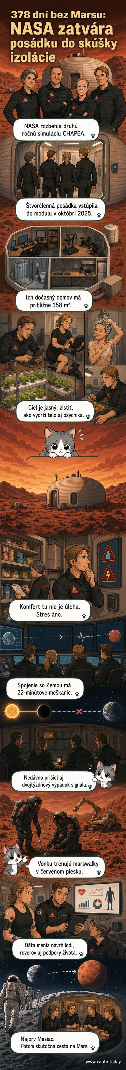 Ilustrácia NASA simulácie misie na Mars: štvorčlenná posádka v kozmických skafandroch pred vchodom do 3D-tlačeného habitatu v poušti.
