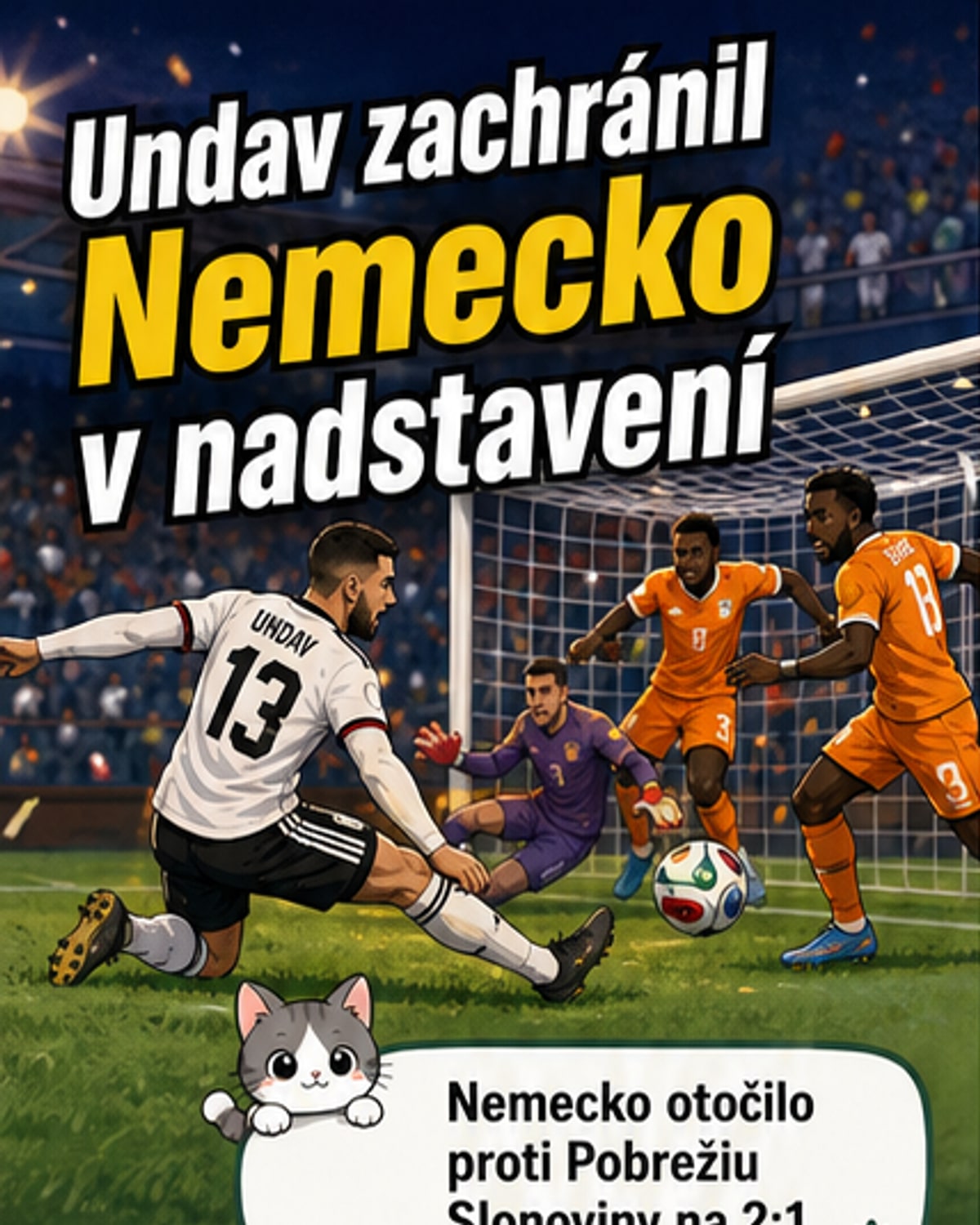 Futbalový zápas medzi Nemeckom a Pobrežím Slonoviny na MS 2026, hráč Nemecka strelil gól v nadstavení.