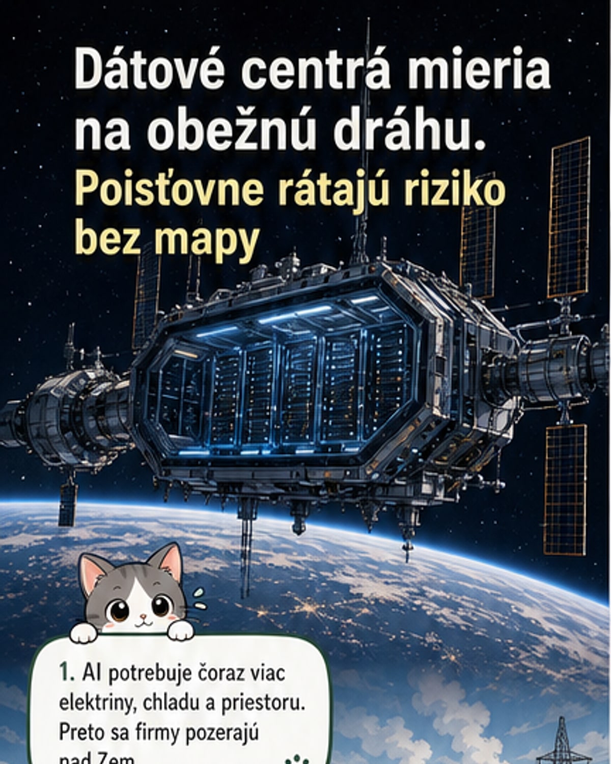 Ilustrácia dátového centra na obežnej dráhe Zeme, obklopeného satelitmi a slnečnými panelmi, na pozadí modrej planéty.