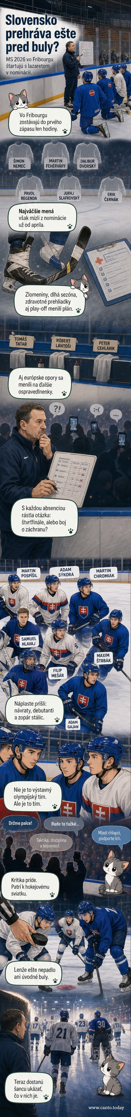 Hokejový hráč stojí sám na ľade, okolo neho sú prázdne lavice a zranené symboly na dreku.