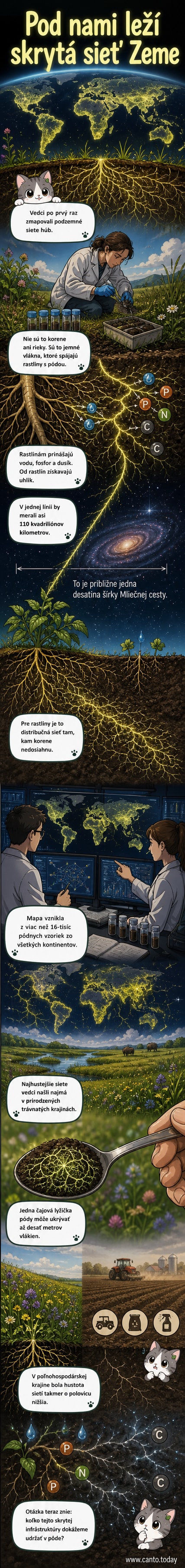 Ilustrácia podzemnej siete húb prepojujúcej korene rastlín, s mapou Zeme v pozadí a grafickým znázornením rozsiahlosti siete.