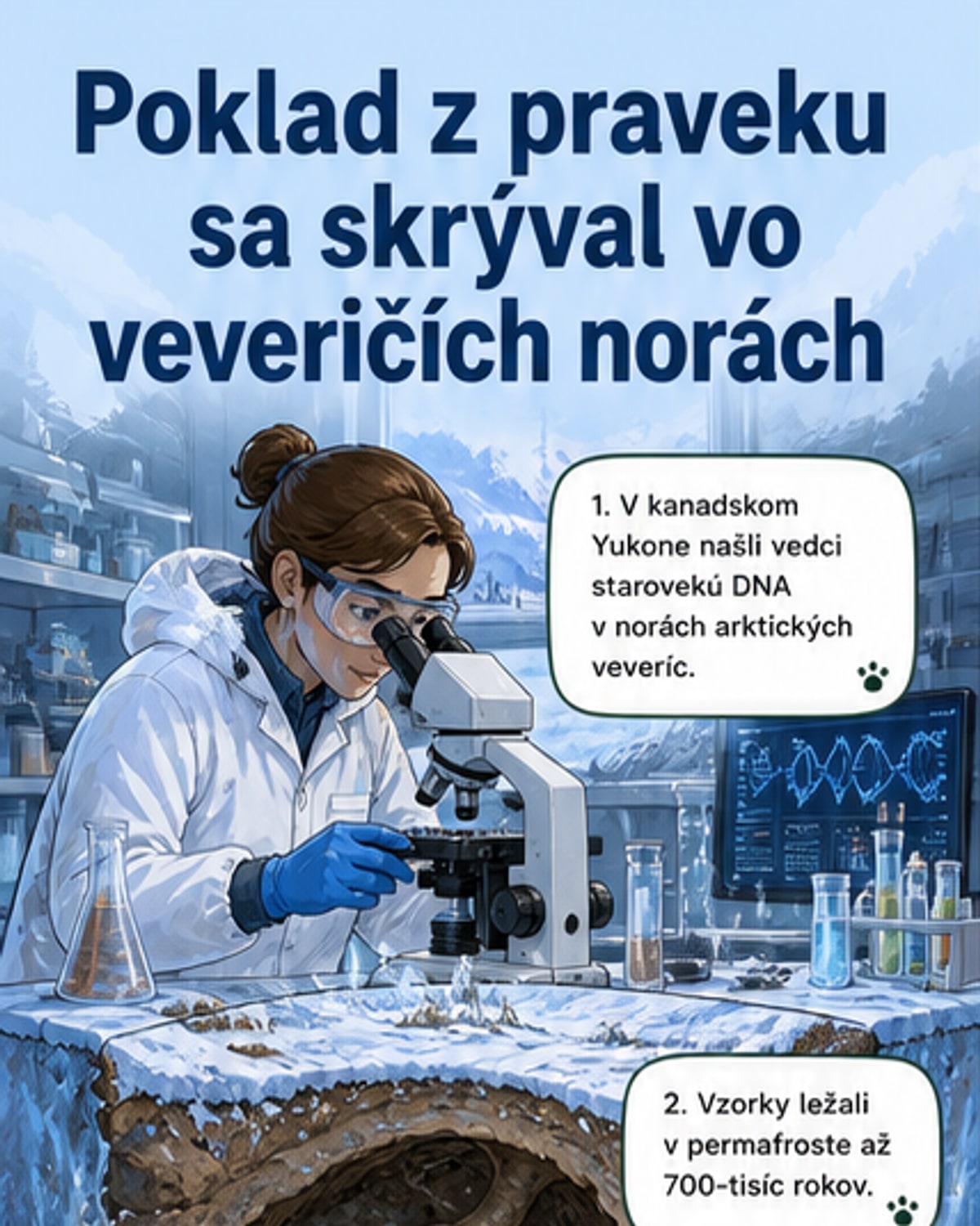 Ilustrácia: Vedci v arktickej krajine skúmajú zmrazenú drevorýšsku noru, z ktorej vyberajú vzorky s mikroskopickými stopami DNA mamuta a iných starovekých zvierat.
