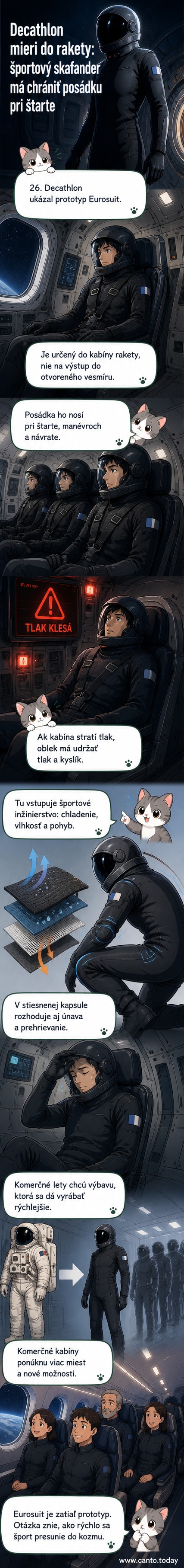 Prototyp intravehikulárneho skafandra Eurosuit od Decathlonu, zobrazený v laboratórnej zostave s logom CNES, Spartan Space a MEDES.