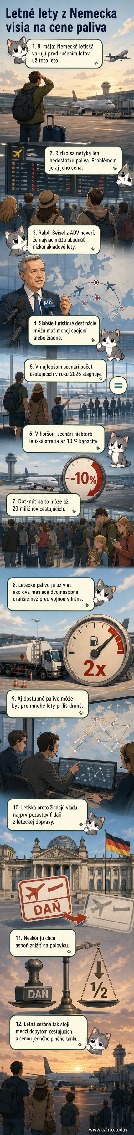 Ilustrácia nemeckého letiska s prázdnymi prístrojovými mostíkmi a varovným nápisom o zrušených letových spojeniach kvôli vysokým cenám paliva.