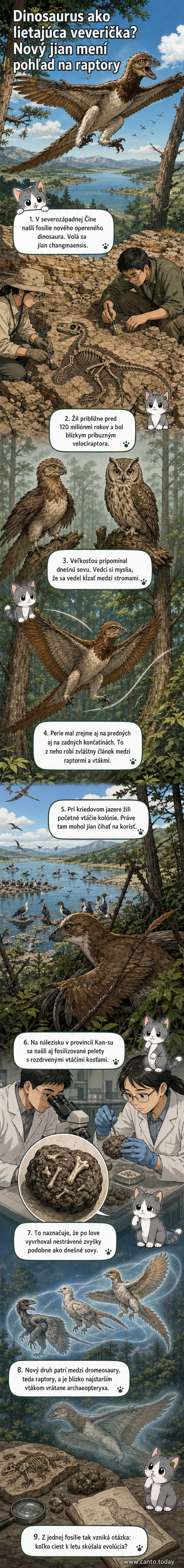 Ilustrácia malého opereného dinosaura jian changmaensis kĺzajúceho medzi stromami v pravekých lesoch severozápadnej Číny.
