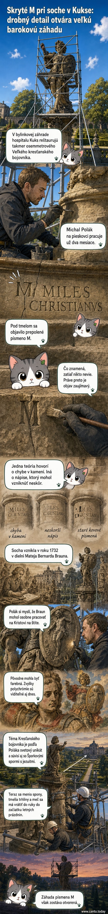 Reštaurátor pracuje na osem metrovej barokovej soche Kresťanského bojovníka v Kukse, ktorá je obostavaná lešením.