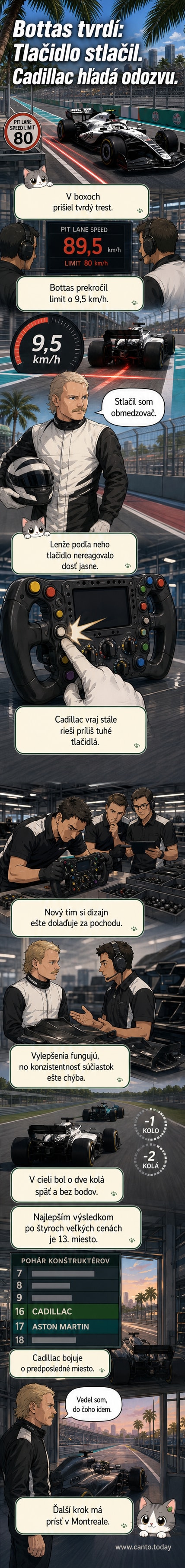 Fínsky pretekár Valtteri Bottas sedí v kabíne Cadillacu, ruka na volante s označenými tlačidlami, na pozadí boxová ulička s červenými vlajkami.