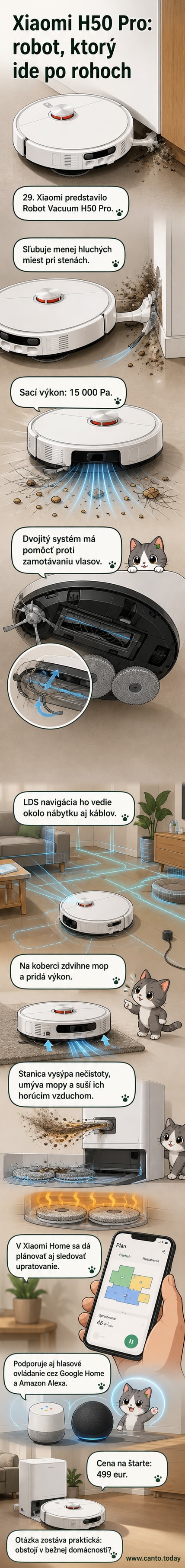 Xiaomi Robot Vacuum H50 Pro s vysunutými bočnými kefami a mopom pri čistení rohu miestnosti, na pozadí multifunkčná dokovacia stanica s indikáciou sušenia
