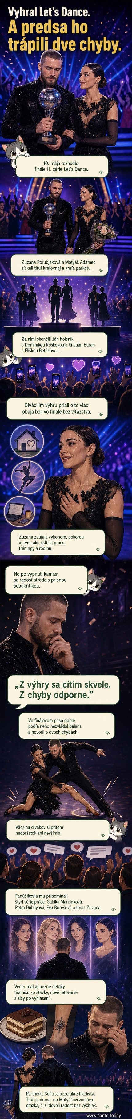 Matyáš Adamec a Zuzana Porubjaková oslavujú víťazstvo v Let's Dance 2026, na pódiu držia trofeje, v pozadí je publika a kameraman.