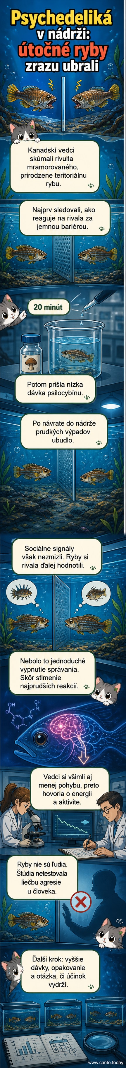 Ilustrácia experimentu: malá ryba pláva v nádrži s jemnou bariérou, za ktorou je druhá ryba; v pozadí mikroskop a kádinka s modrou tekutinou obsahujúcou psilocybín.