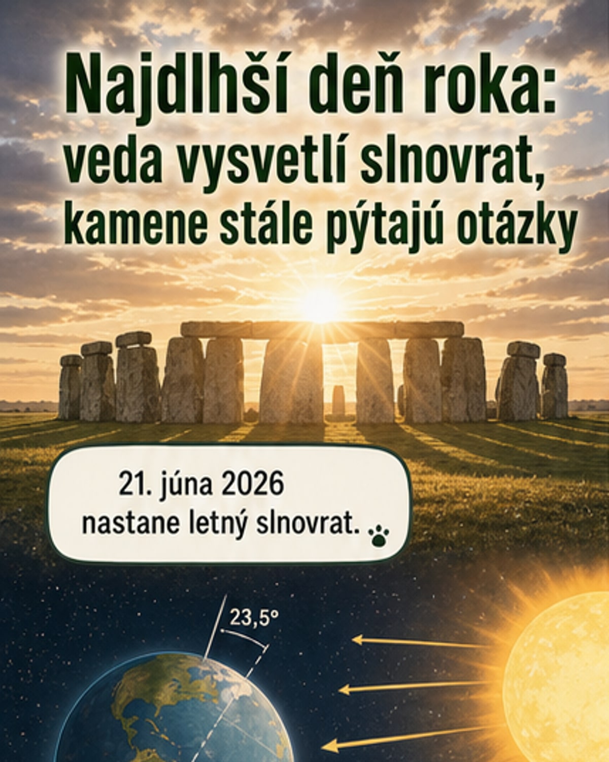 Ilustrácia východu Slnka nad kamenným kruhom Stonehenge v deň letného slnovratu