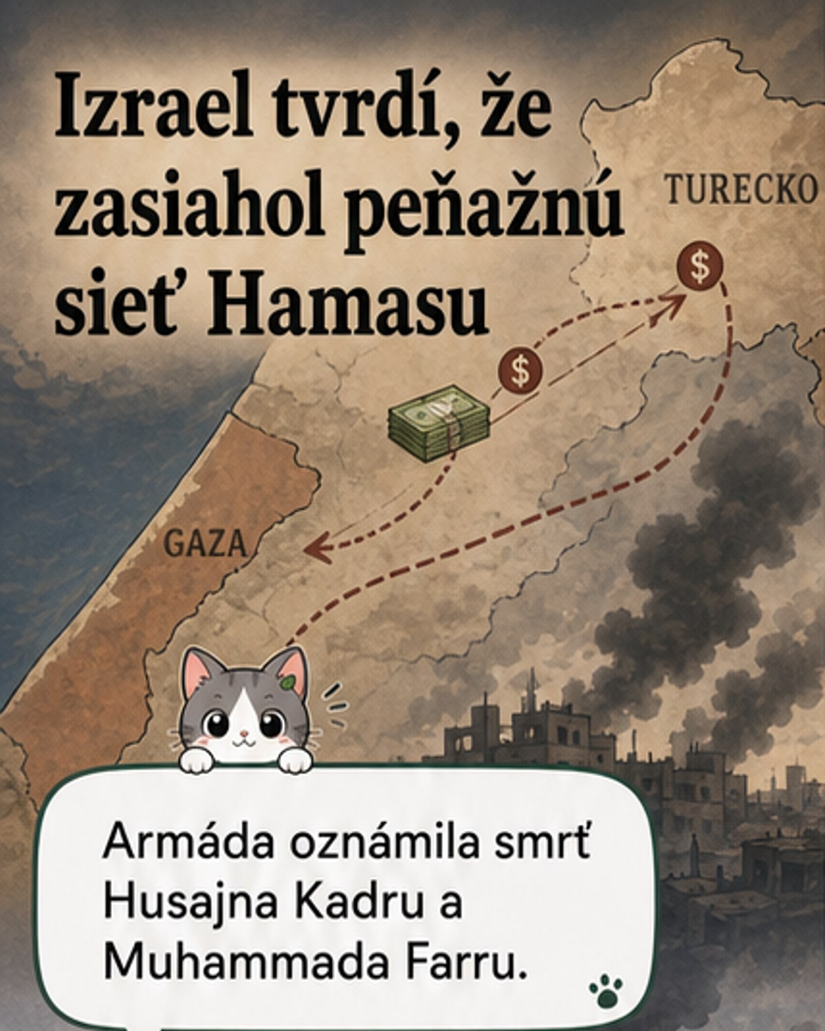 Ilustrácia znázorňuje dvoch mužov pri peňažnom prevode, na pozadí mapa Blízkeho východu s vyznačením Gazy a Turecka.
