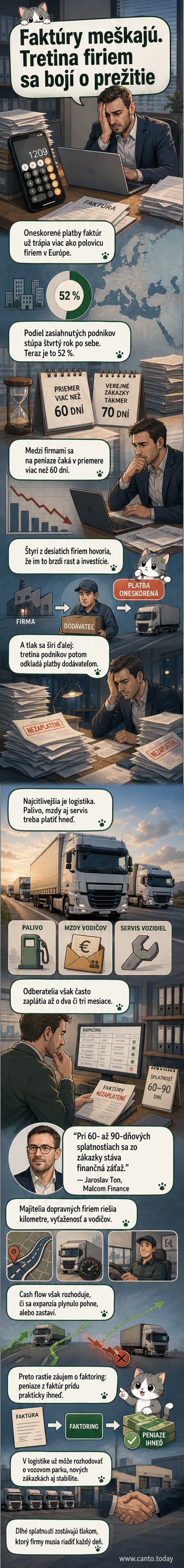 Ilustrácia kamióna s faktúrou a grafom klesajúcej peňažnej zásoby, symbolizujúca tlak na cash flow v logistike kvôli oneskoreným platbám.