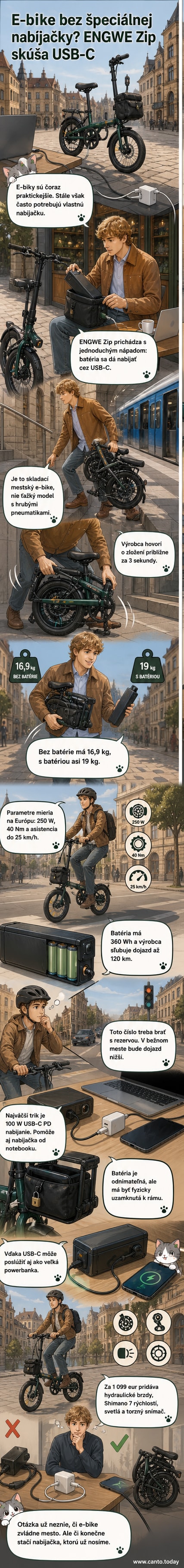Skladací e-bike ENGWE Zip s odnímateľnou batériou, ktorá sa nabíja cez USB-C kábel pripojený k bežnej nabíjačke.