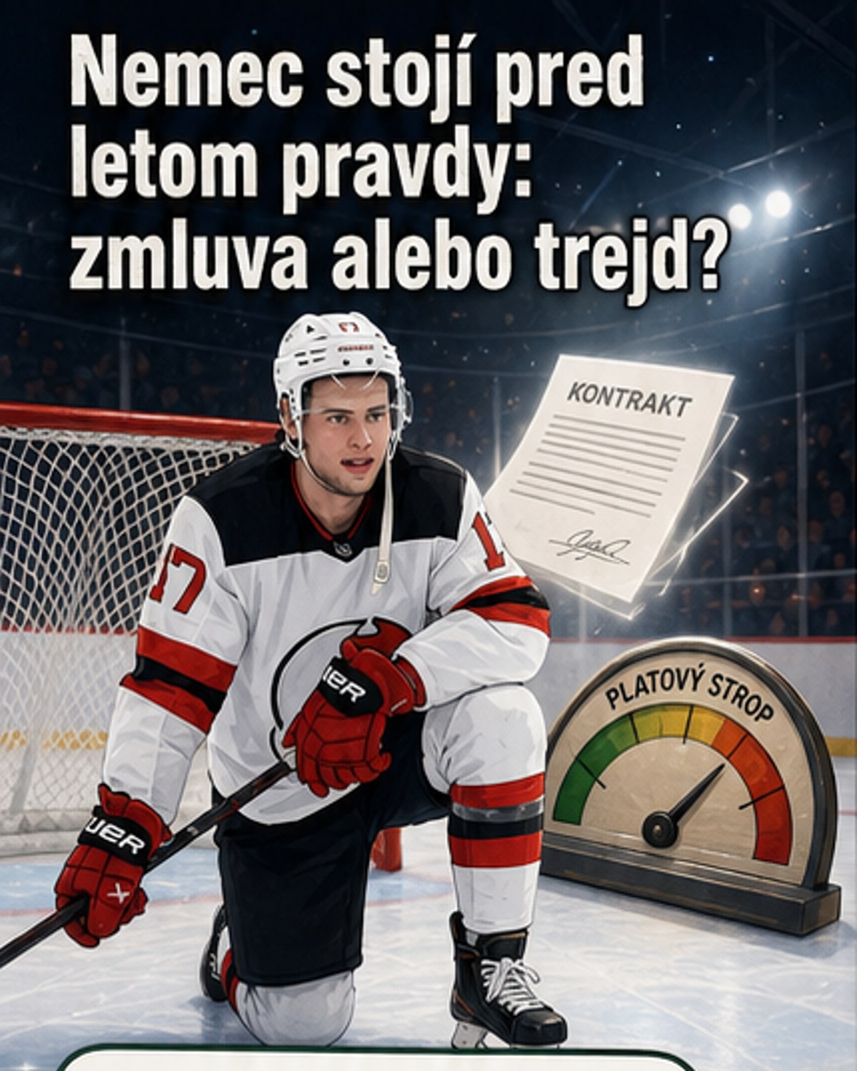 Hokejový obranca Šimon Nemec v drese New Jersey Devils, na pozadí logá NHL a štatistické grafy zobrazujúce jeho výkonnosť
