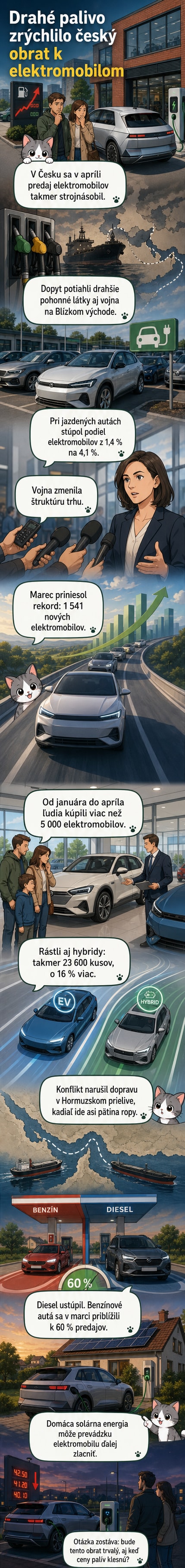 Ilustrovaný panel zobrazujúci elektrické auto vedľa benzínovej pumpy s vyšvihnutejšími cenami a slnečnými panelmi na streche domu.