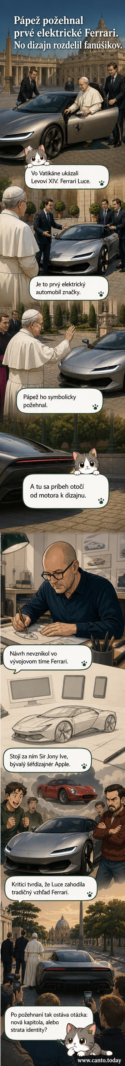 Pápež Lev XIV. stojí pred červeným elektrickým automobilom Ferrari Luce vo Vatikáne, ruka zdvihnutá v symbolickom požehnaní.