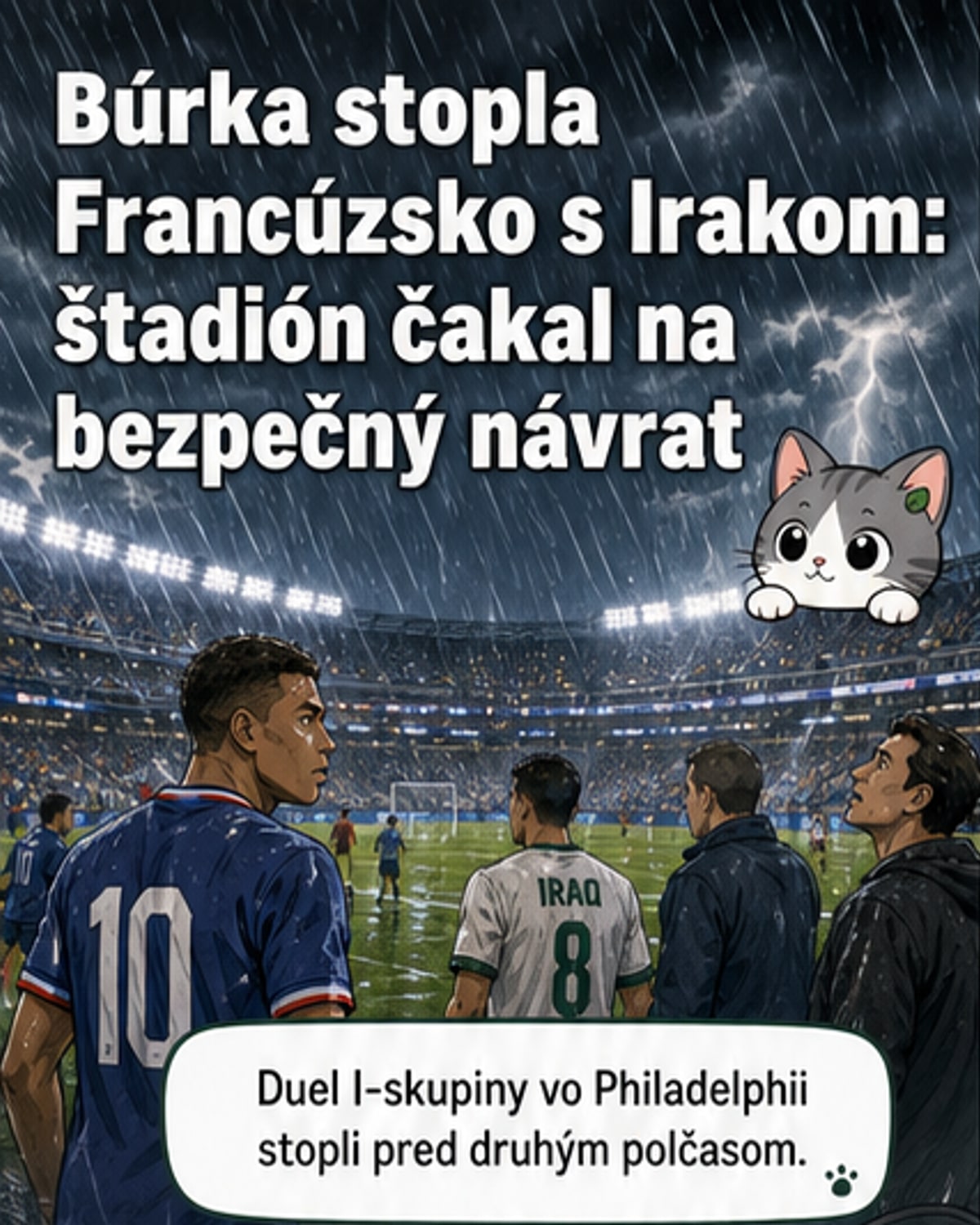 Fotografia zápasu Francúzska proti Iraku na MS 2026, kde hráči odišli z trávniku kvôli búrke – na pozadí temné nebo a dážď.