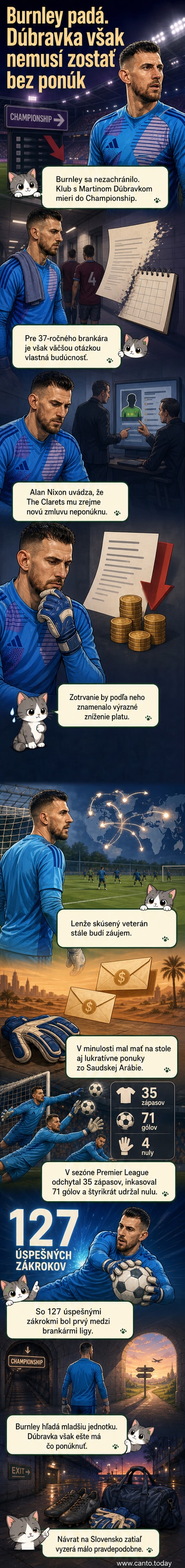Slovenský brankár Martin Dúbravka v drese Burnley na futbalovom ihrisku, pozadí fanúšikovia a tribúny.