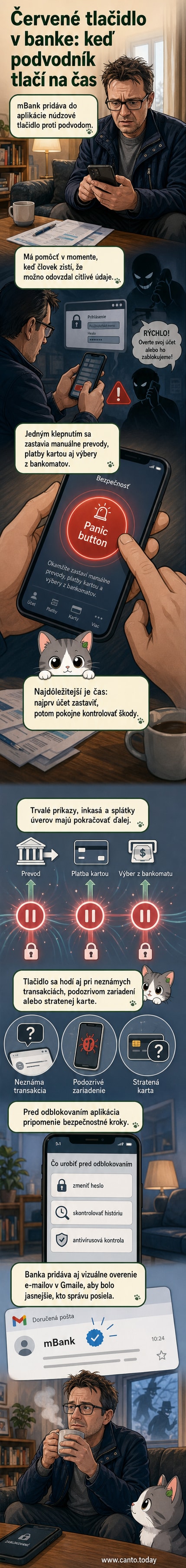 Ilustrácia mobilnej aplikácie mBank s červeným tlačidlom Panic button, ktoré blokuje platby po podozrivom kontakte s podvodníkom.